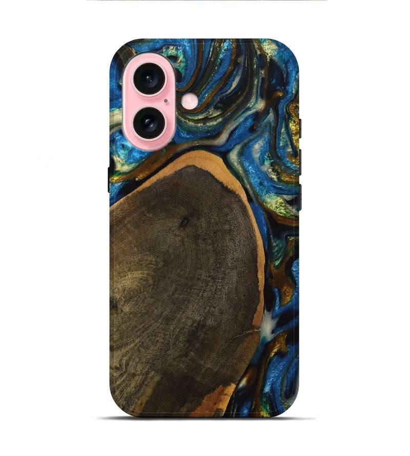 iPhone 16 Wood+Resin Live Edge Phone Case - Nakia (Teal & Gold, 710456)