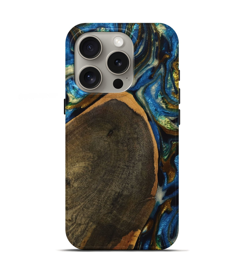 iPhone 16 Pro Wood+Resin Live Edge Phone Case - Nakia (Teal & Gold, 710456)