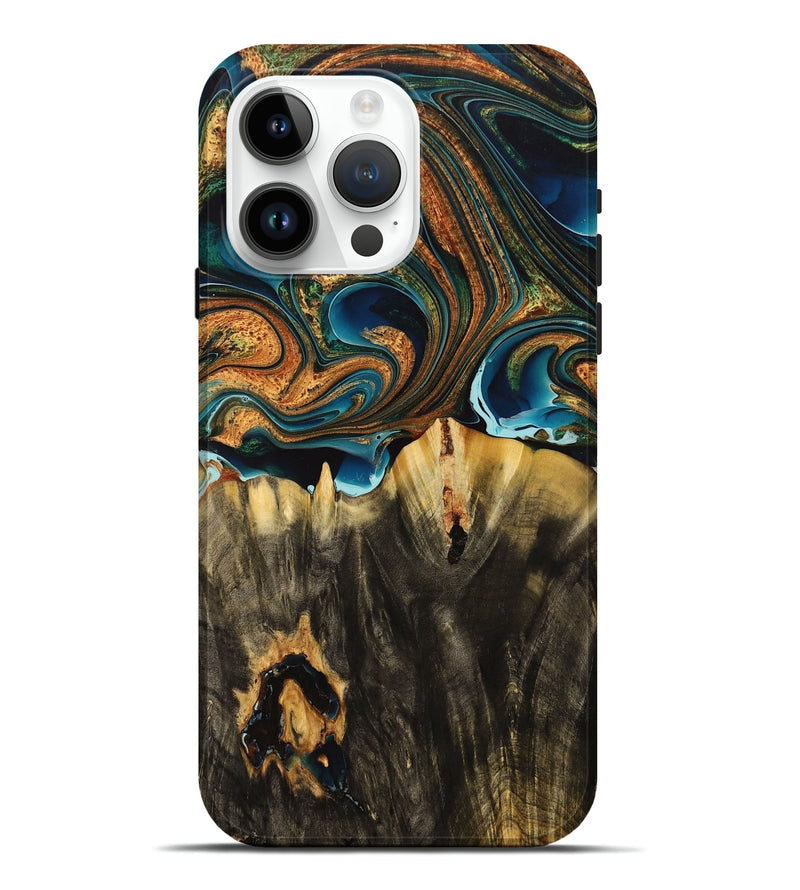 iPhone 15 Pro Max Wood+Resin Live Edge Phone Case - Anna (Teal & Gold, 710464)