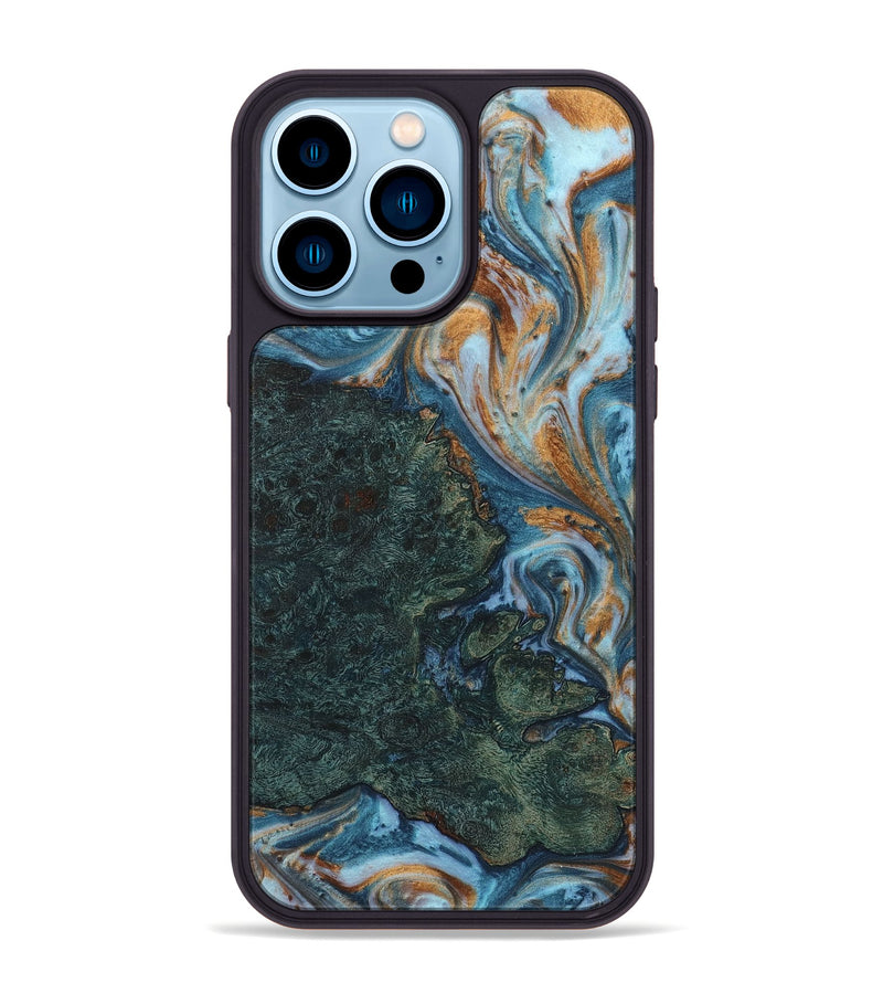 iPhone 14 Pro Max Wood+Resin Phone Case - Shaniqua (Teal & Gold, 710647)
