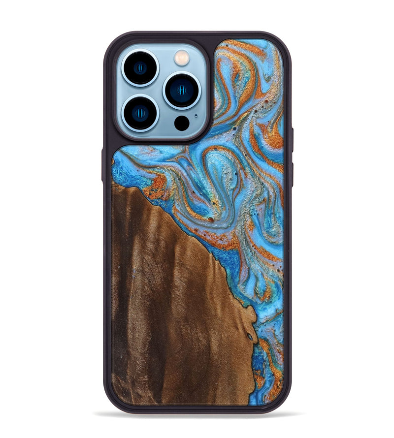 iPhone 14 Pro Max Wood+Resin Phone Case - Louis (Teal & Gold, 710648)