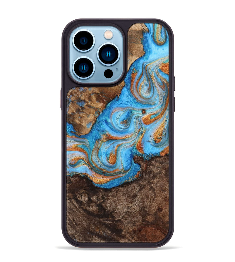 iPhone 14 Pro Max Wood+Resin Phone Case - Jade (Teal & Gold, 710649)