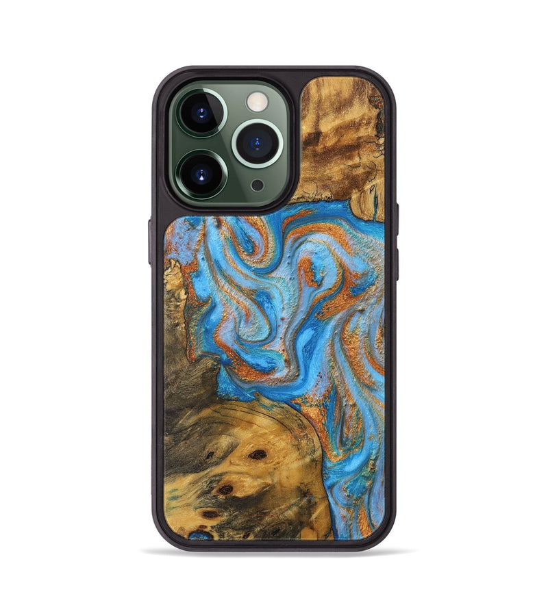 iPhone 13 Pro Wood+Resin Phone Case - Fernando (Teal & Gold, 710654)