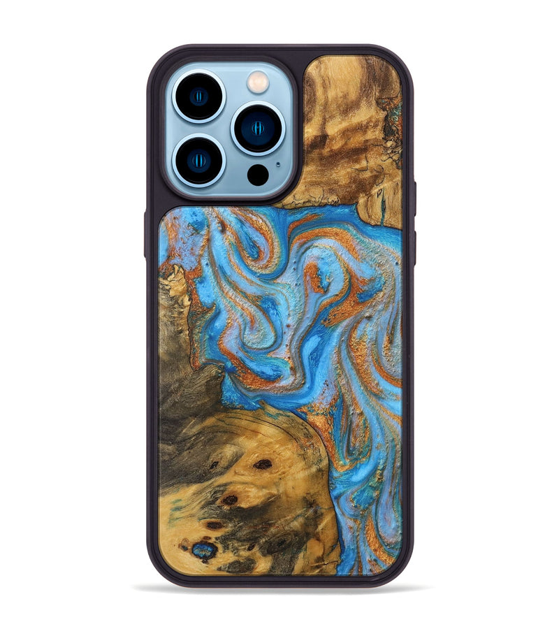 iPhone 14 Pro Max Wood+Resin Phone Case - Fernando (Teal & Gold, 710654)