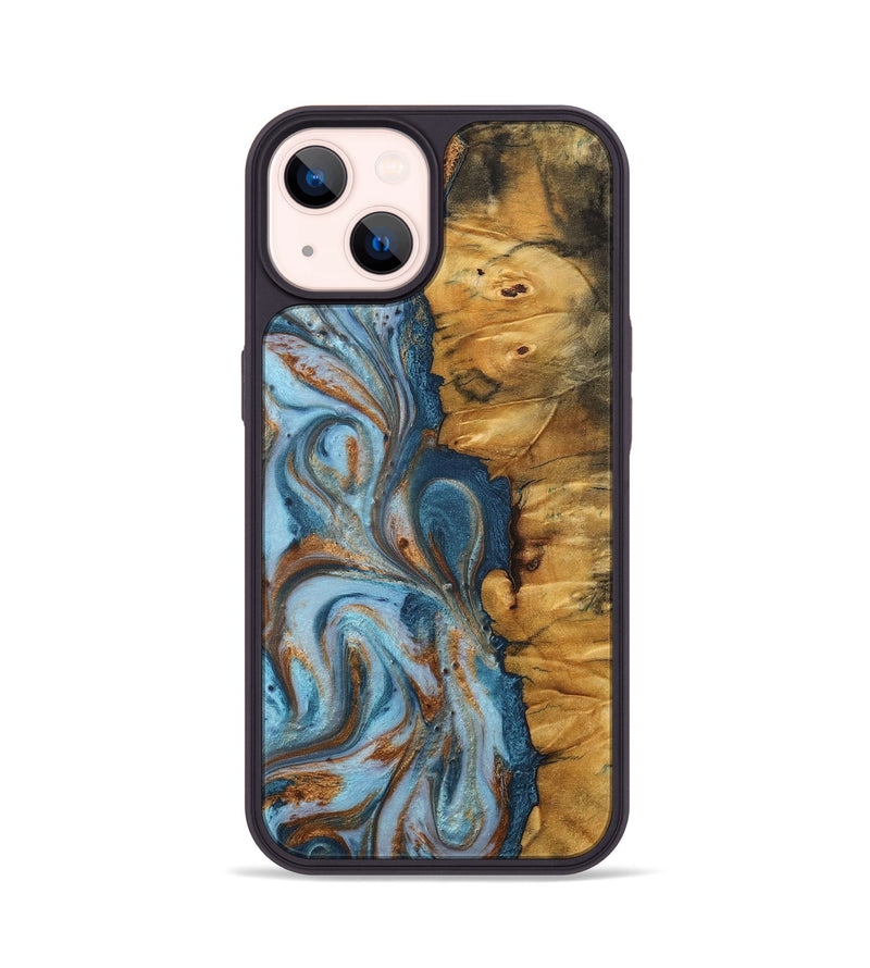 iPhone 14 Wood+Resin Phone Case - Santiago (Teal & Gold, 710657)