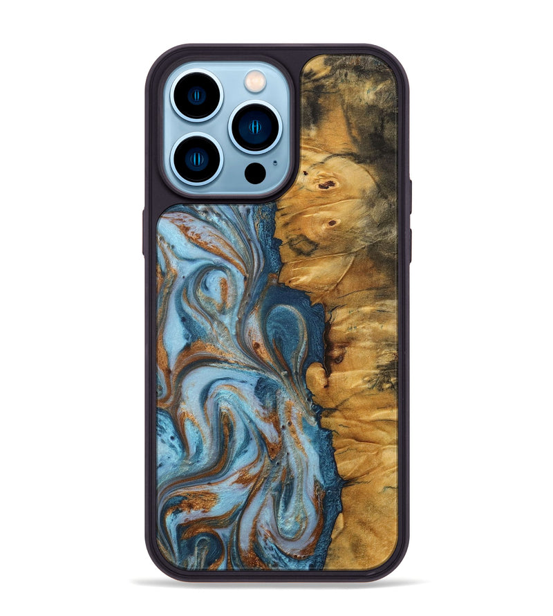 iPhone 14 Pro Max Wood+Resin Phone Case - Santiago (Teal & Gold, 710657)