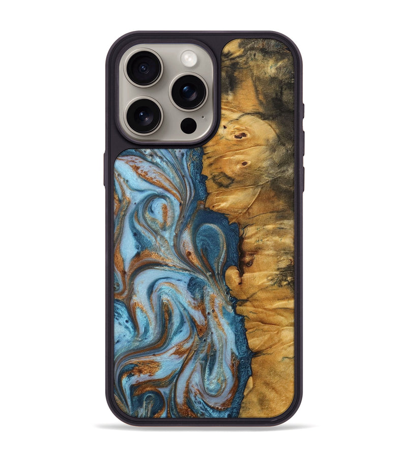 iPhone 15 Pro Max Wood+Resin Phone Case - Santiago (Teal & Gold, 710657)