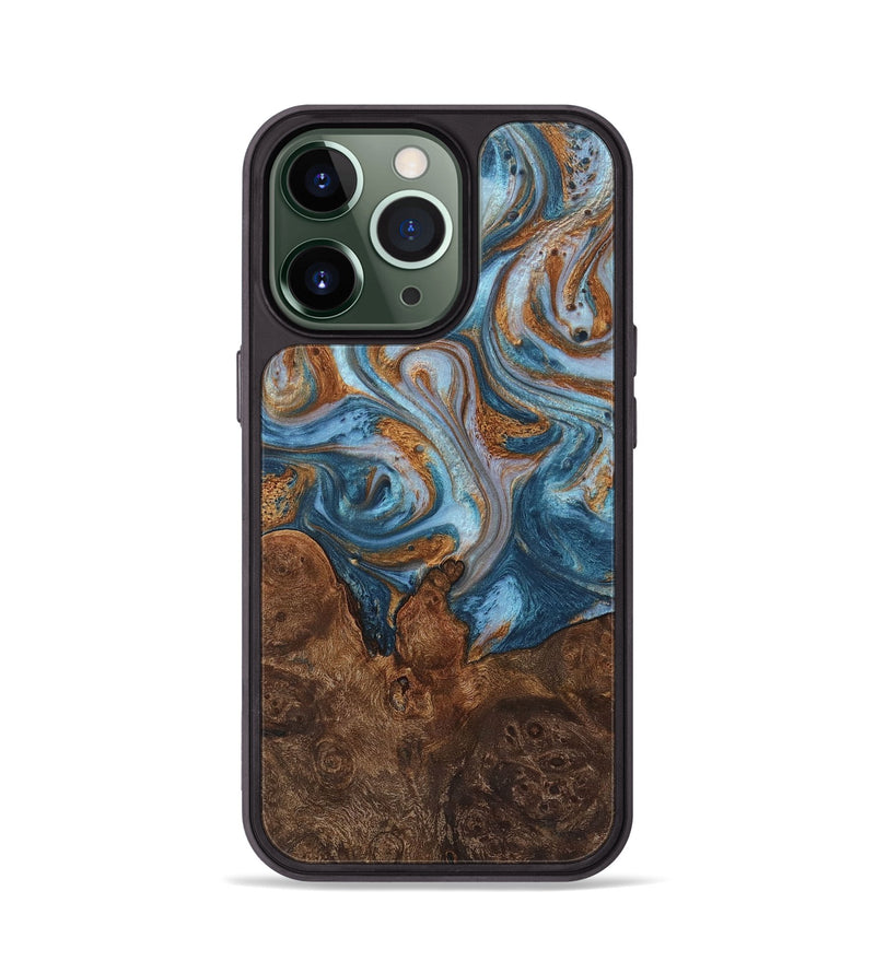 iPhone 13 Pro Wood+Resin Phone Case - Lena (Teal & Gold, 710658)