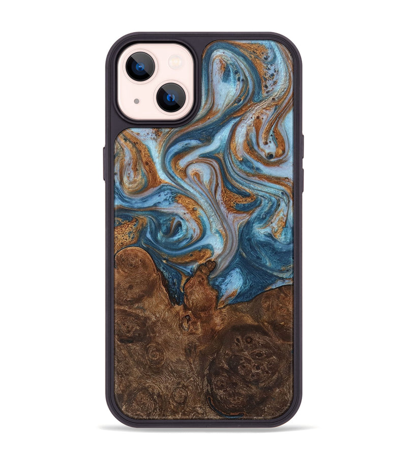 iPhone 14 Plus Wood+Resin Phone Case - Lena (Teal & Gold, 710658)