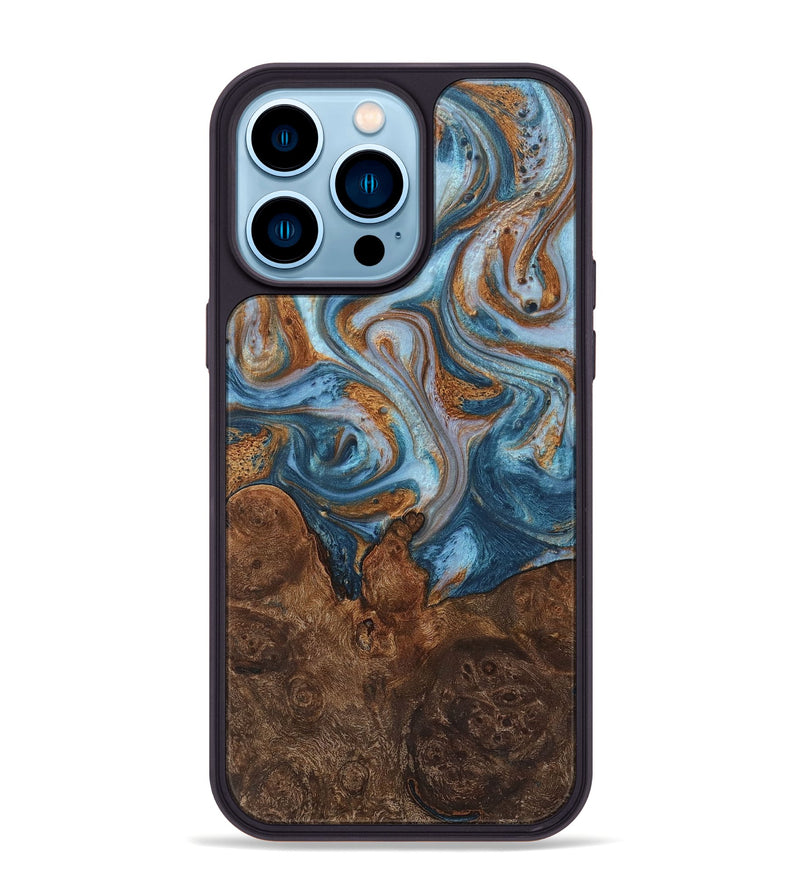 iPhone 14 Pro Max Wood+Resin Phone Case - Lena (Teal & Gold, 710658)
