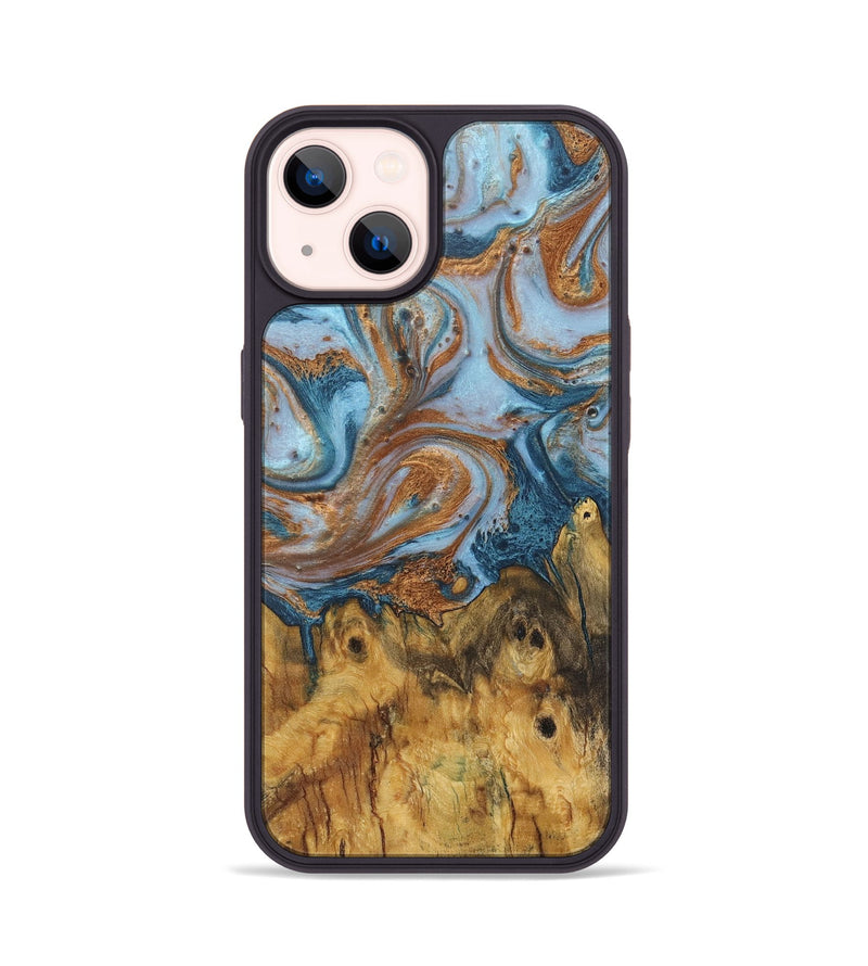 iPhone 14 Wood+Resin Phone Case - Connie (Teal & Gold, 710659)