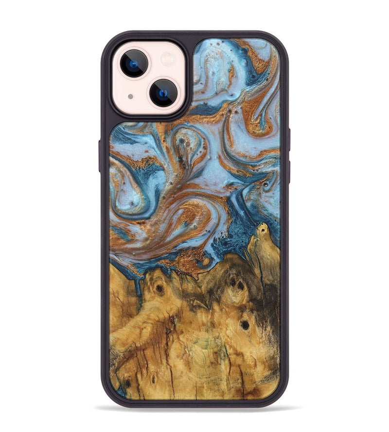 iPhone 14 Plus Wood+Resin Phone Case - Connie (Teal & Gold, 710659)