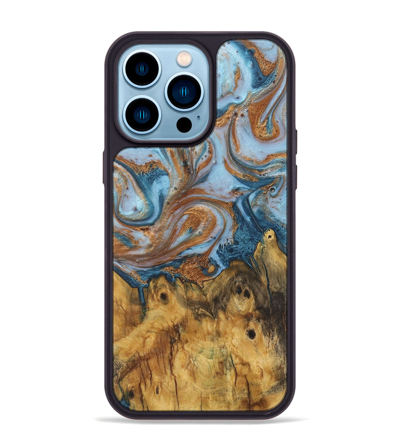 iPhone 14 Pro Max Wood+Resin Phone Case - Connie (Teal & Gold, 710659)