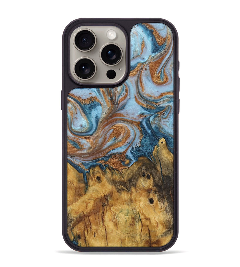 iPhone 15 Pro Max Wood+Resin Phone Case - Connie (Teal & Gold, 710659)