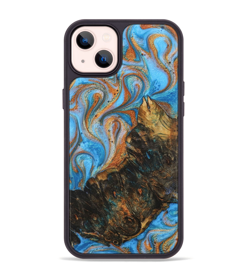 iPhone 14 Plus Wood+Resin Phone Case - Maliyah (Teal & Gold, 710661)