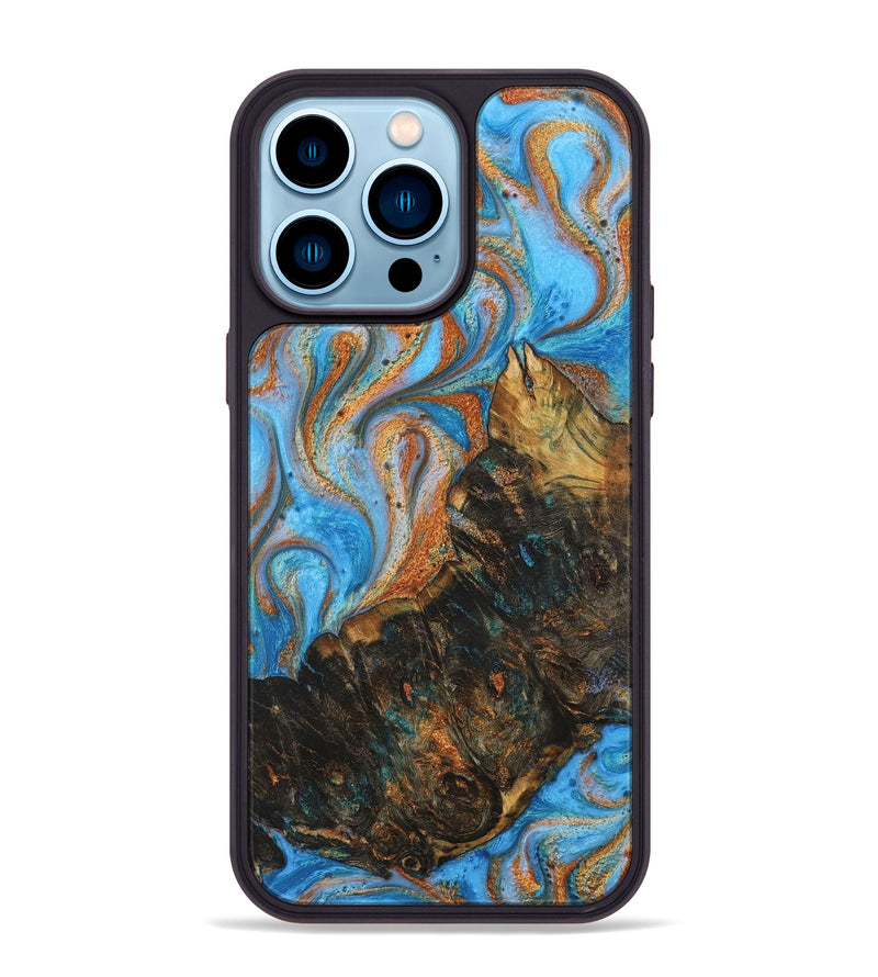 iPhone 14 Pro Max Wood+Resin Phone Case - Maliyah (Teal & Gold, 710661)