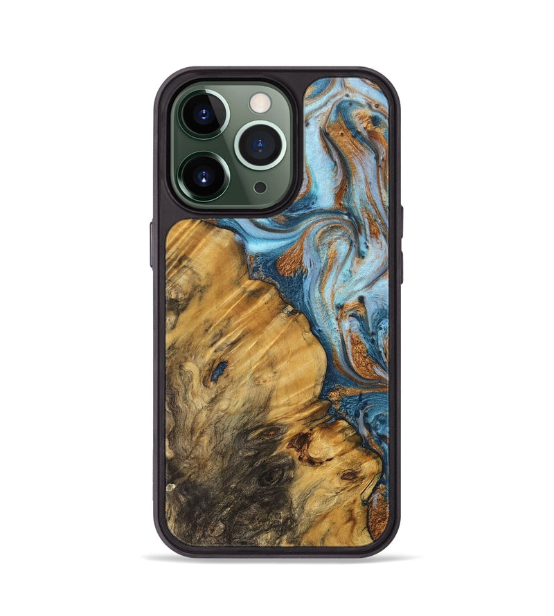 iPhone 13 Pro Wood+Resin Phone Case - Kerri (Teal & Gold, 710669)