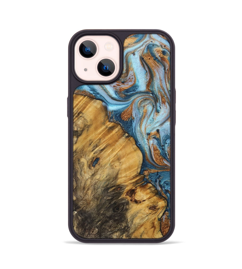 iPhone 14 Wood+Resin Phone Case - Kerri (Teal & Gold, 710669)