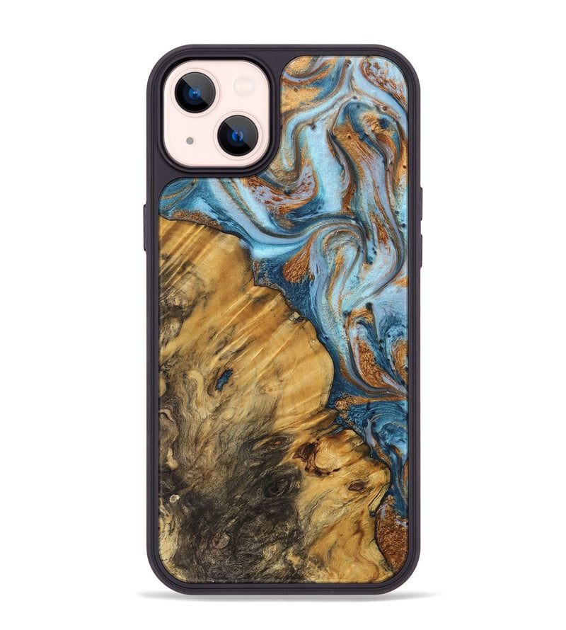 iPhone 14 Plus Wood+Resin Phone Case - Kerri (Teal & Gold, 710669)