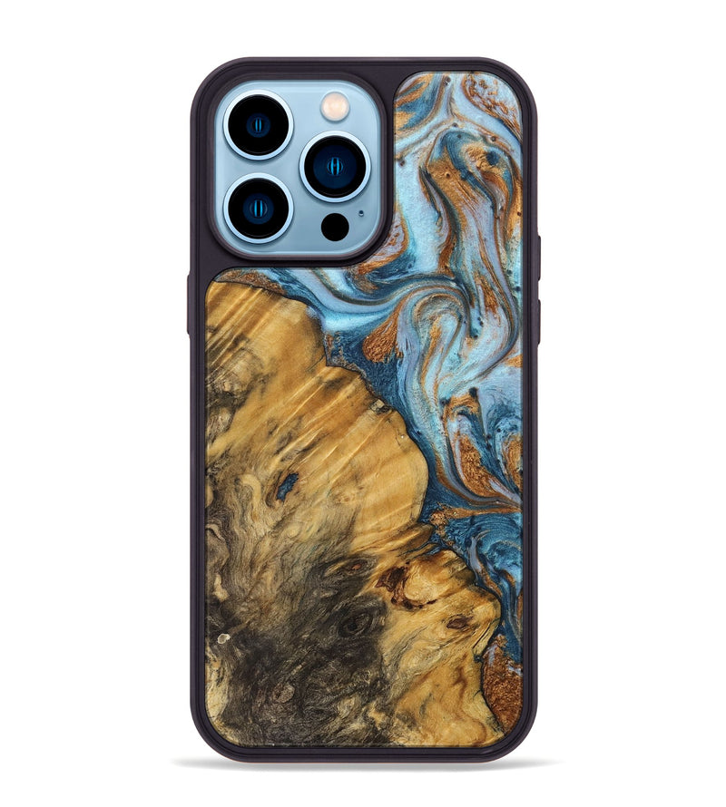 iPhone 14 Pro Max Wood+Resin Phone Case - Kerri (Teal & Gold, 710669)