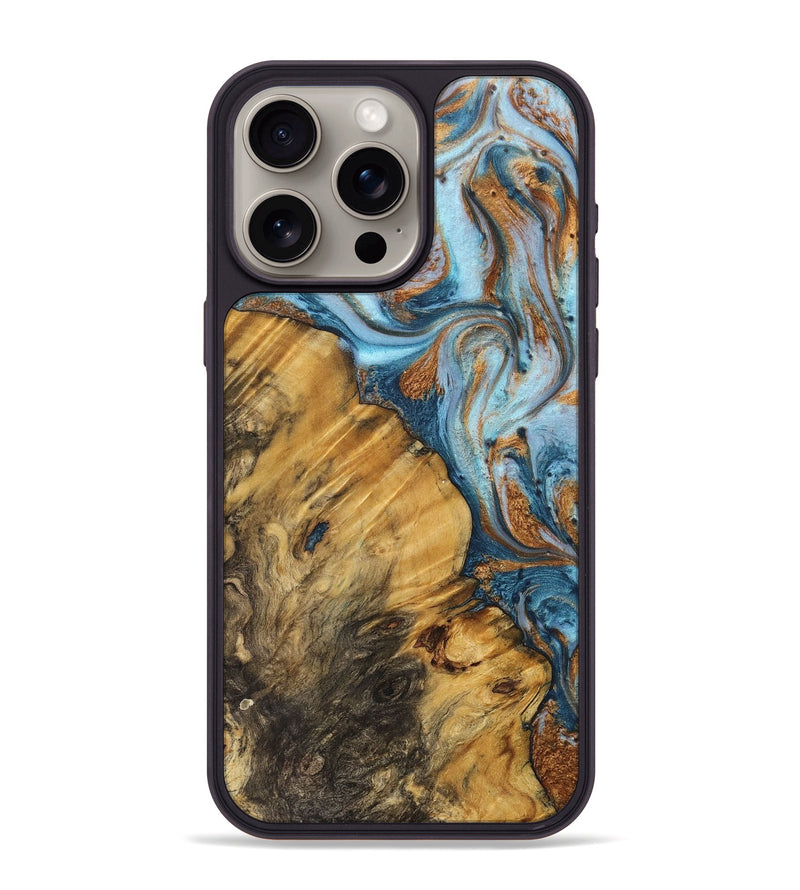 iPhone 15 Pro Max Wood+Resin Phone Case - Kerri (Teal & Gold, 710669)