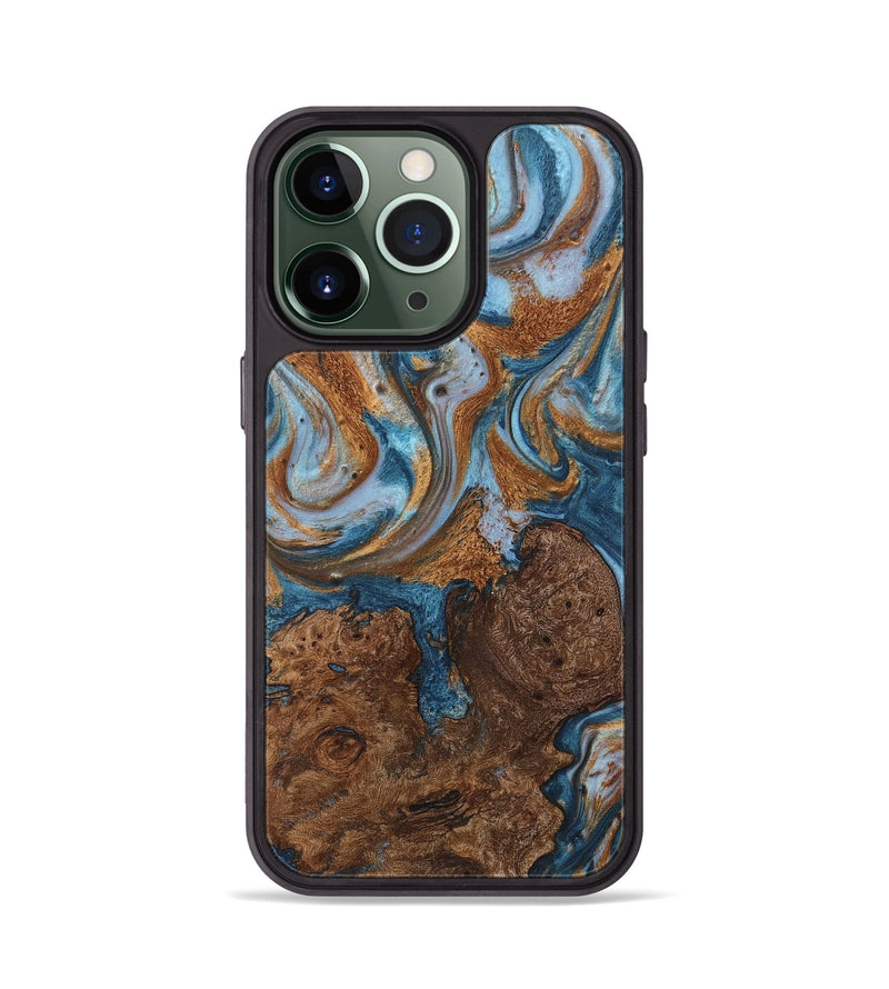 iPhone 13 Pro Wood+Resin Phone Case - Alyssa (Teal & Gold, 710670)