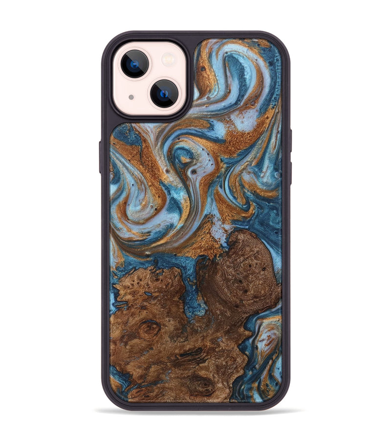 iPhone 14 Plus Wood+Resin Phone Case - Alyssa (Teal & Gold, 710670)