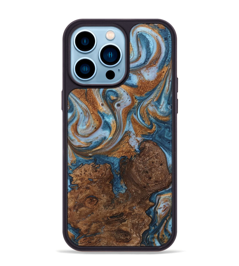 iPhone 14 Pro Max Wood+Resin Phone Case - Alyssa (Teal & Gold, 710670)