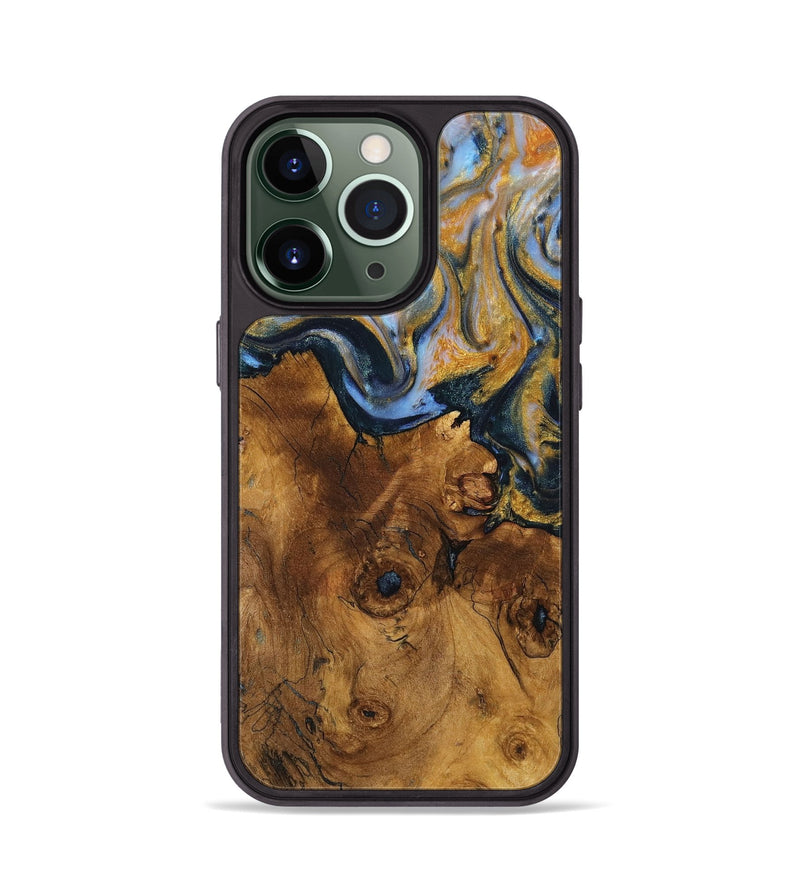 iPhone 13 Pro Wood+Resin Phone Case - Ernestine (Teal & Gold, 710865)
