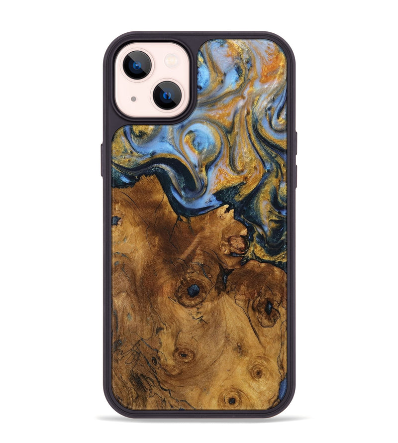 iPhone 14 Plus Wood+Resin Phone Case - Ernestine (Teal & Gold, 710865)