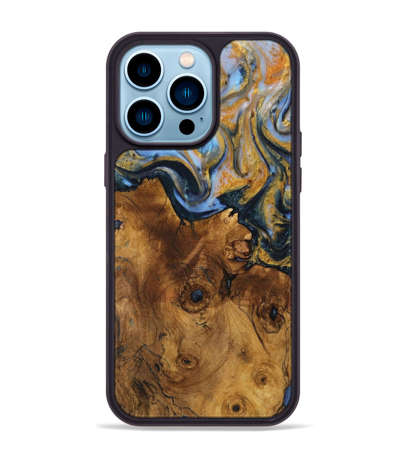 iPhone 14 Pro Max Wood+Resin Phone Case - Ernestine (Teal & Gold, 710865)