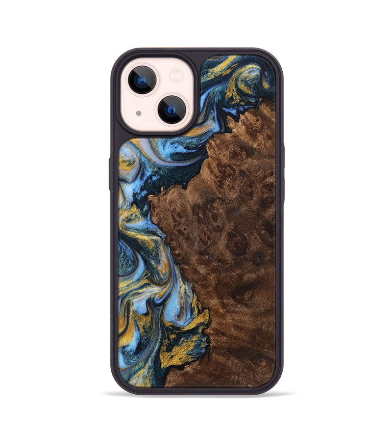 iPhone 14 Wood+Resin Phone Case - Dalton (Teal & Gold, 710866)