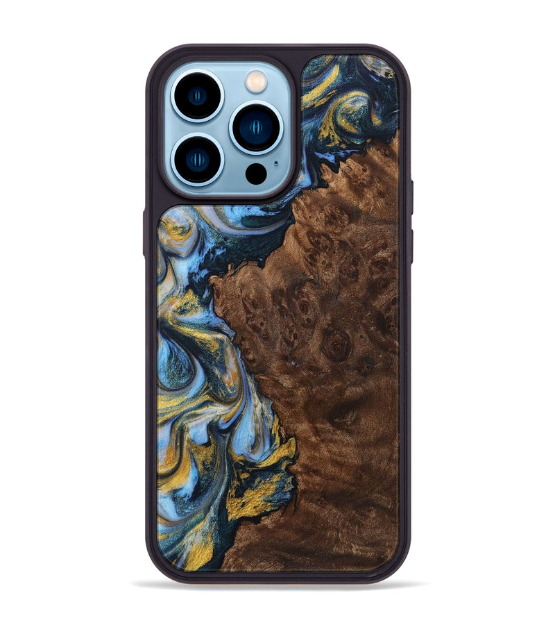 iPhone 14 Pro Max Wood+Resin Phone Case - Dalton (Teal & Gold, 710866)