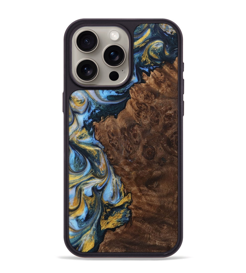 iPhone 15 Pro Max Wood+Resin Phone Case - Dalton (Teal & Gold, 710866)