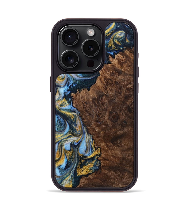 iPhone 15 Pro Wood+Resin Phone Case - Dalton (Teal & Gold, 710866)