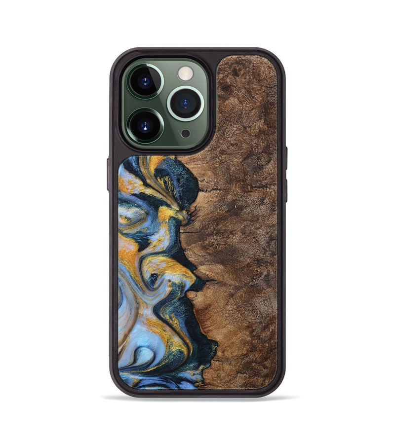 iPhone 13 Pro Wood+Resin Phone Case - Sonia (Teal & Gold, 710868)