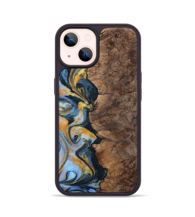 iPhone 14 Wood+Resin Phone Case - Sonia (Teal & Gold, 710868)