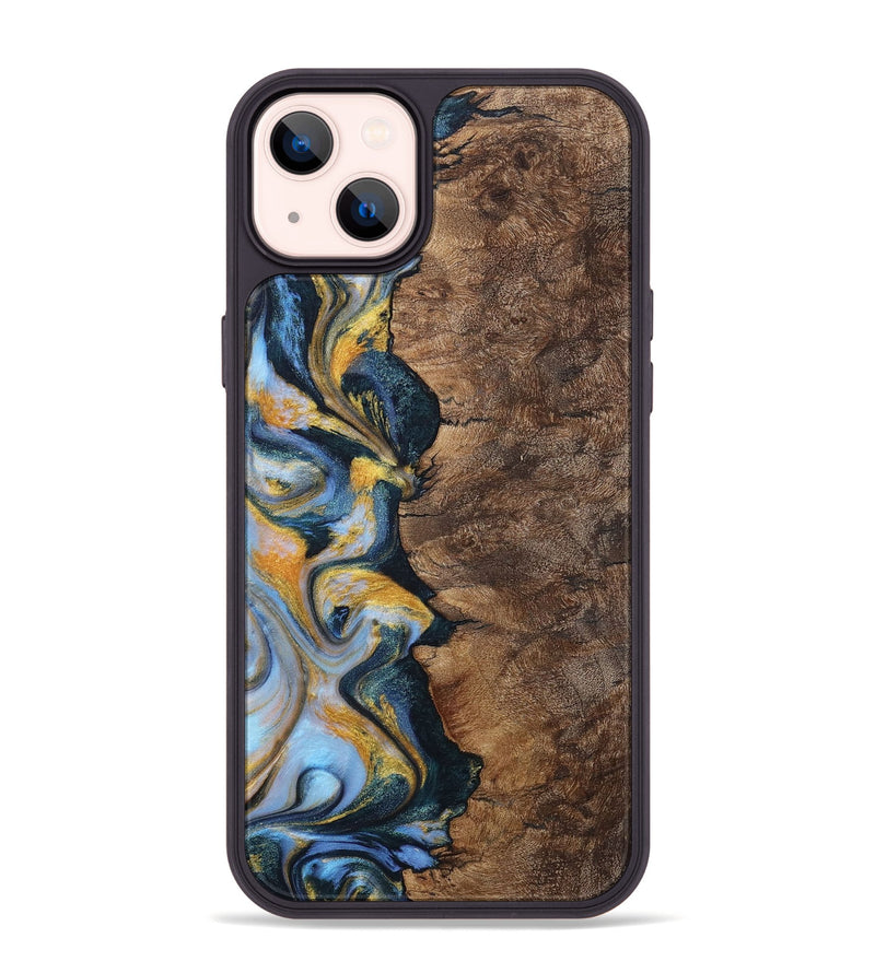 iPhone 14 Plus Wood+Resin Phone Case - Sonia (Teal & Gold, 710868)
