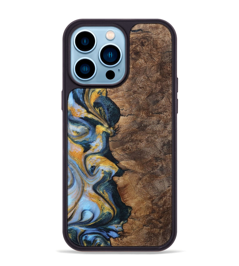 iPhone 14 Pro Max Wood+Resin Phone Case - Sonia (Teal & Gold, 710868)