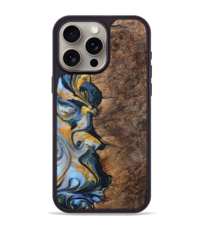 iPhone 15 Pro Max Wood+Resin Phone Case - Sonia (Teal & Gold, 710868)