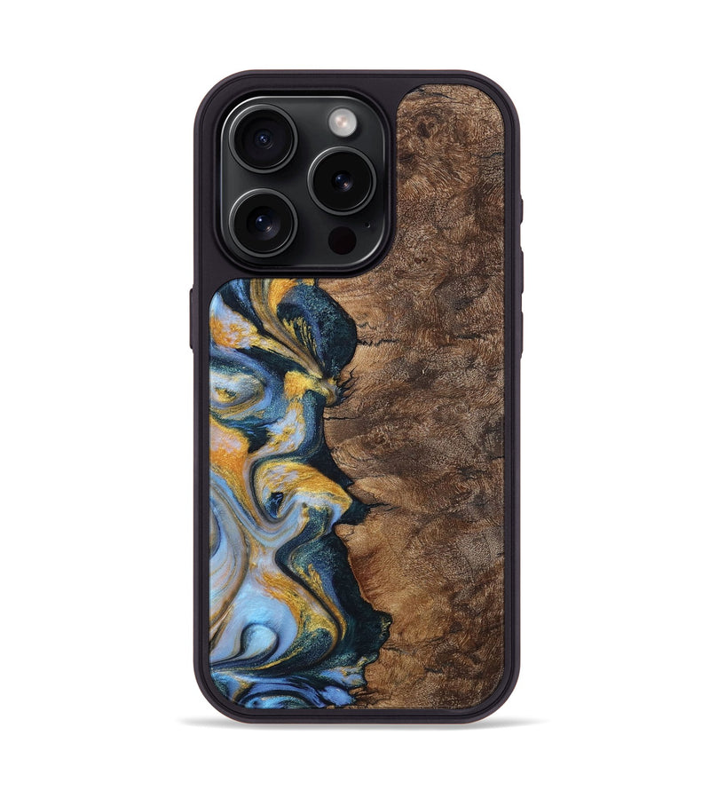 iPhone 15 Pro Wood+Resin Phone Case - Sonia (Teal & Gold, 710868)