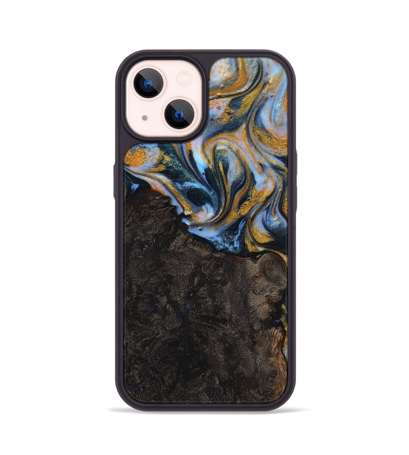 iPhone 14 Wood+Resin Phone Case - Trey (Teal & Gold, 710869)