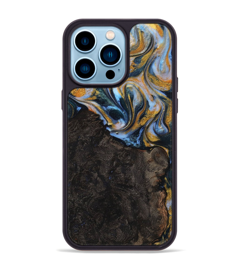 iPhone 14 Pro Max Wood+Resin Phone Case - Trey (Teal & Gold, 710869)