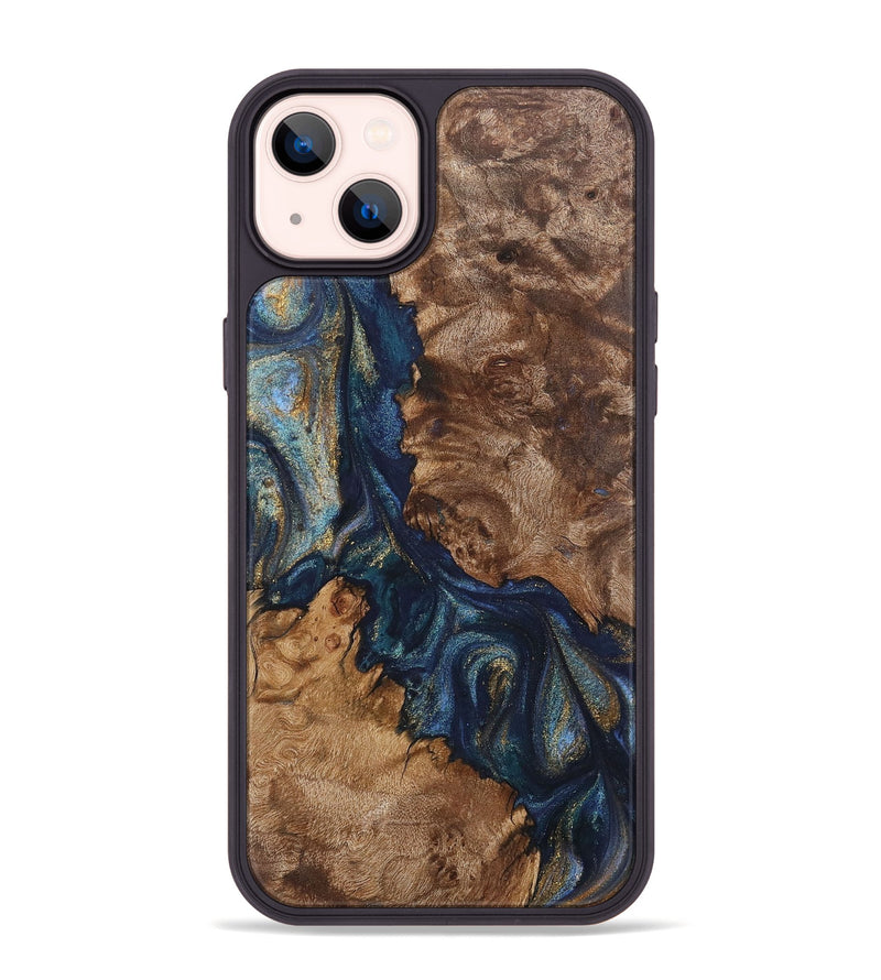 iPhone 14 Plus Wood+Resin Phone Case - Manuel (Teal & Gold, 711138)