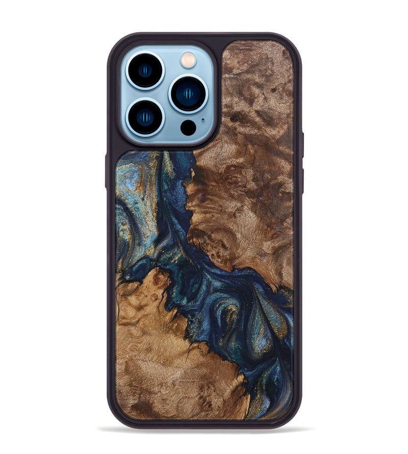 iPhone 14 Pro Max Wood+Resin Phone Case - Manuel (Teal & Gold, 711138)
