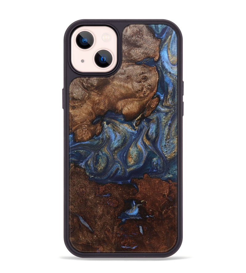 iPhone 14 Plus Wood+Resin Phone Case - Devon (Teal & Gold, 711139)
