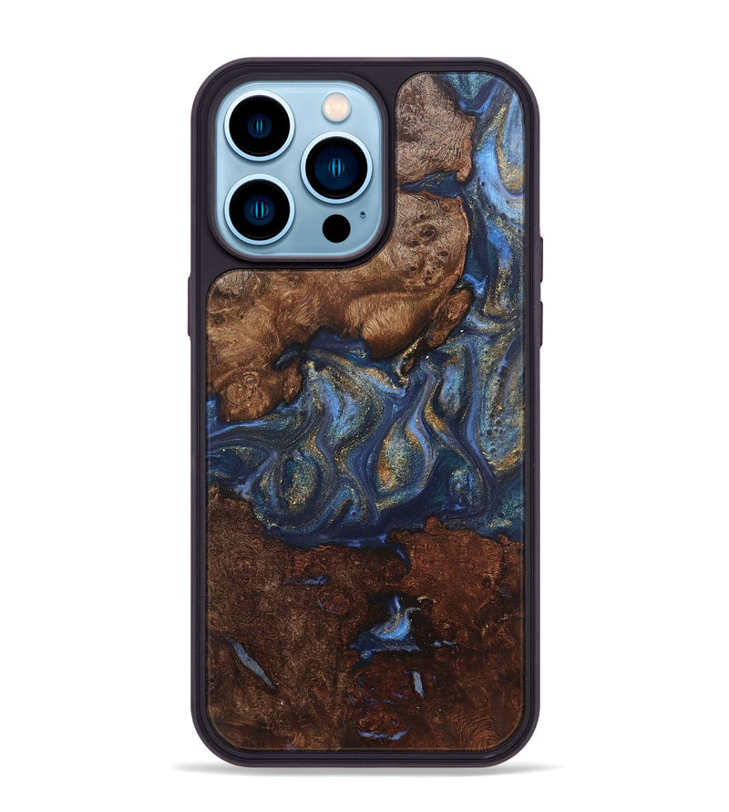 iPhone 14 Pro Max Wood+Resin Phone Case - Devon (Teal & Gold, 711139)