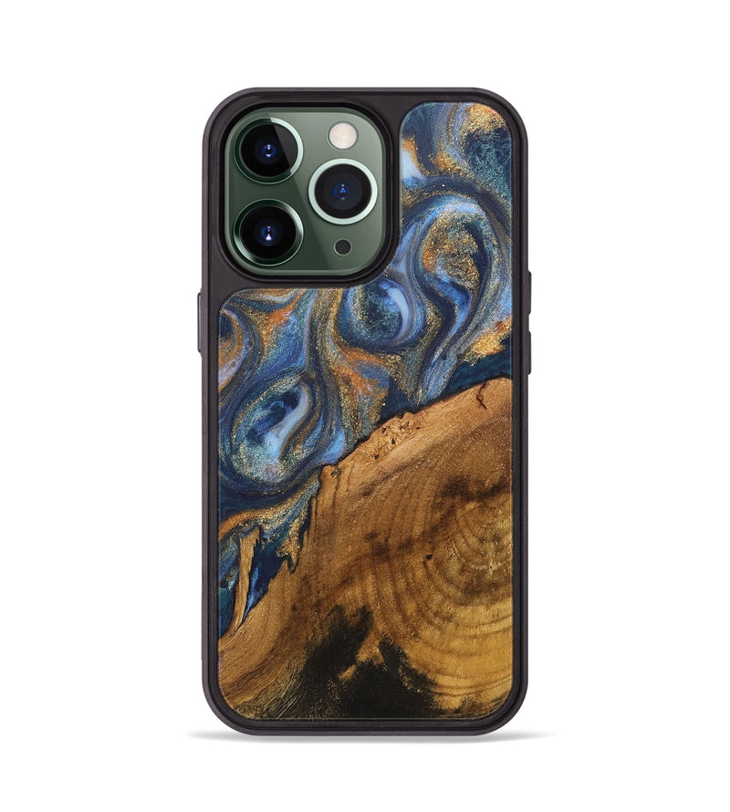 iPhone 13 Pro Wood+Resin Phone Case - Sallie (Teal & Gold, 711143)