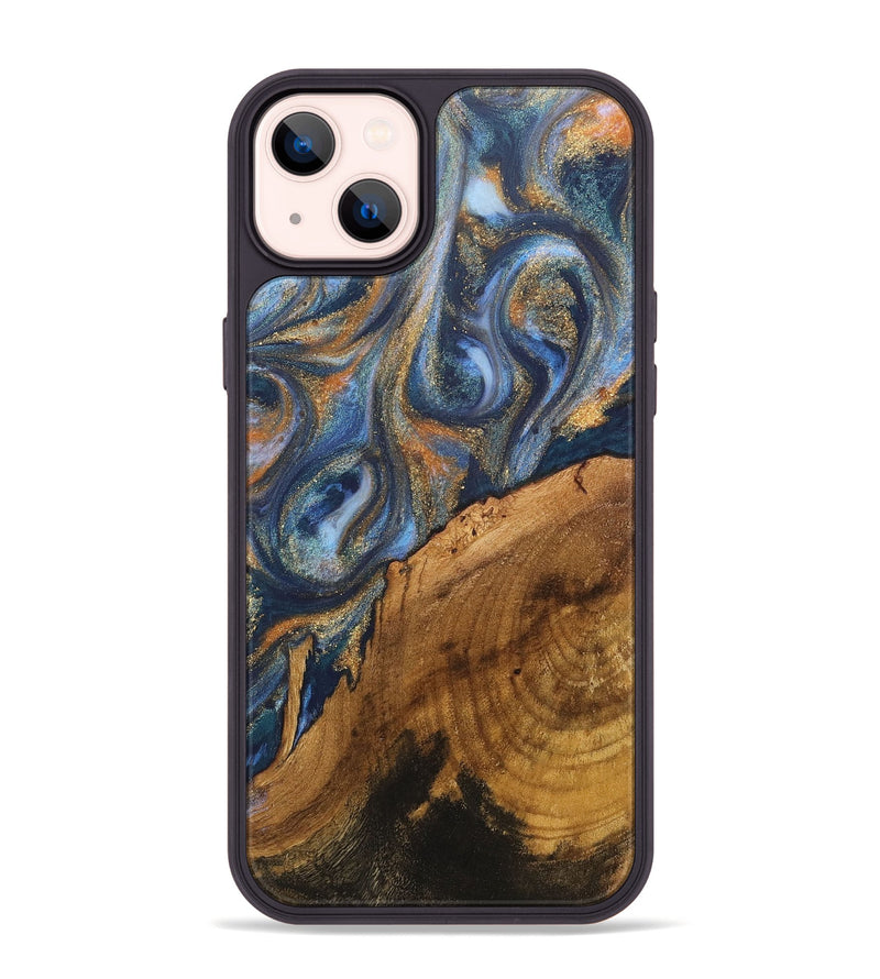 iPhone 14 Plus Wood+Resin Phone Case - Sallie (Teal & Gold, 711143)