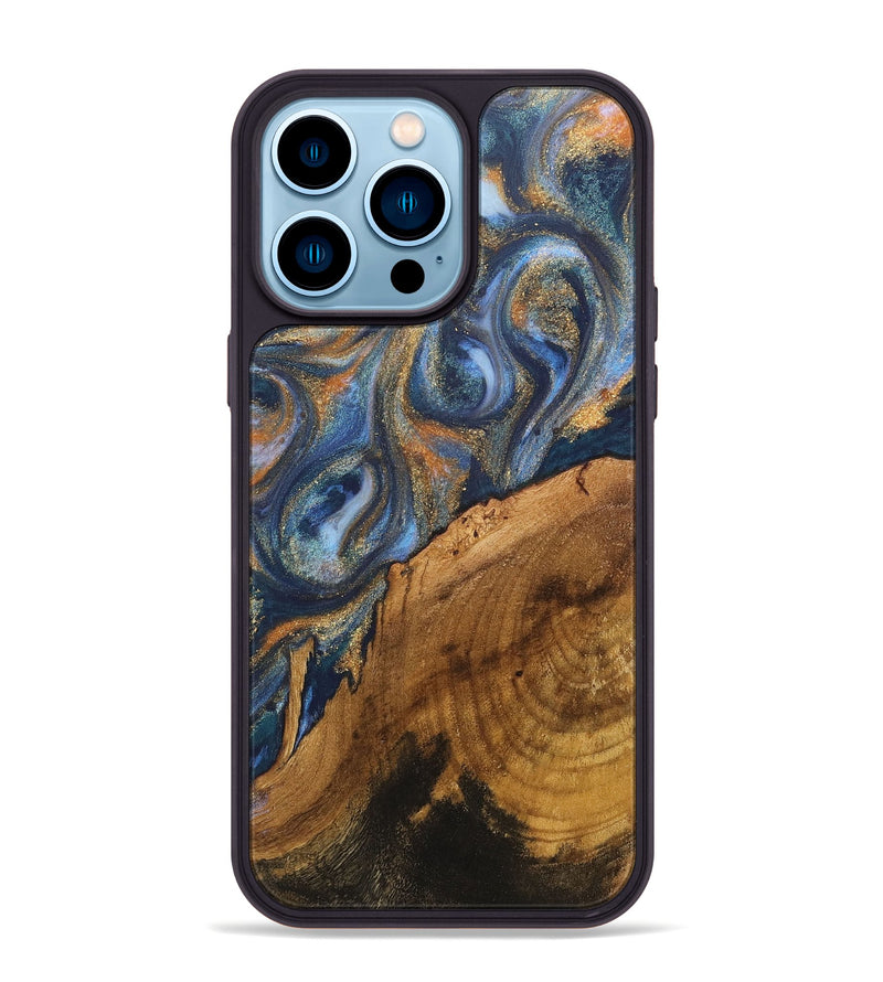 iPhone 14 Pro Max Wood+Resin Phone Case - Sallie (Teal & Gold, 711143)